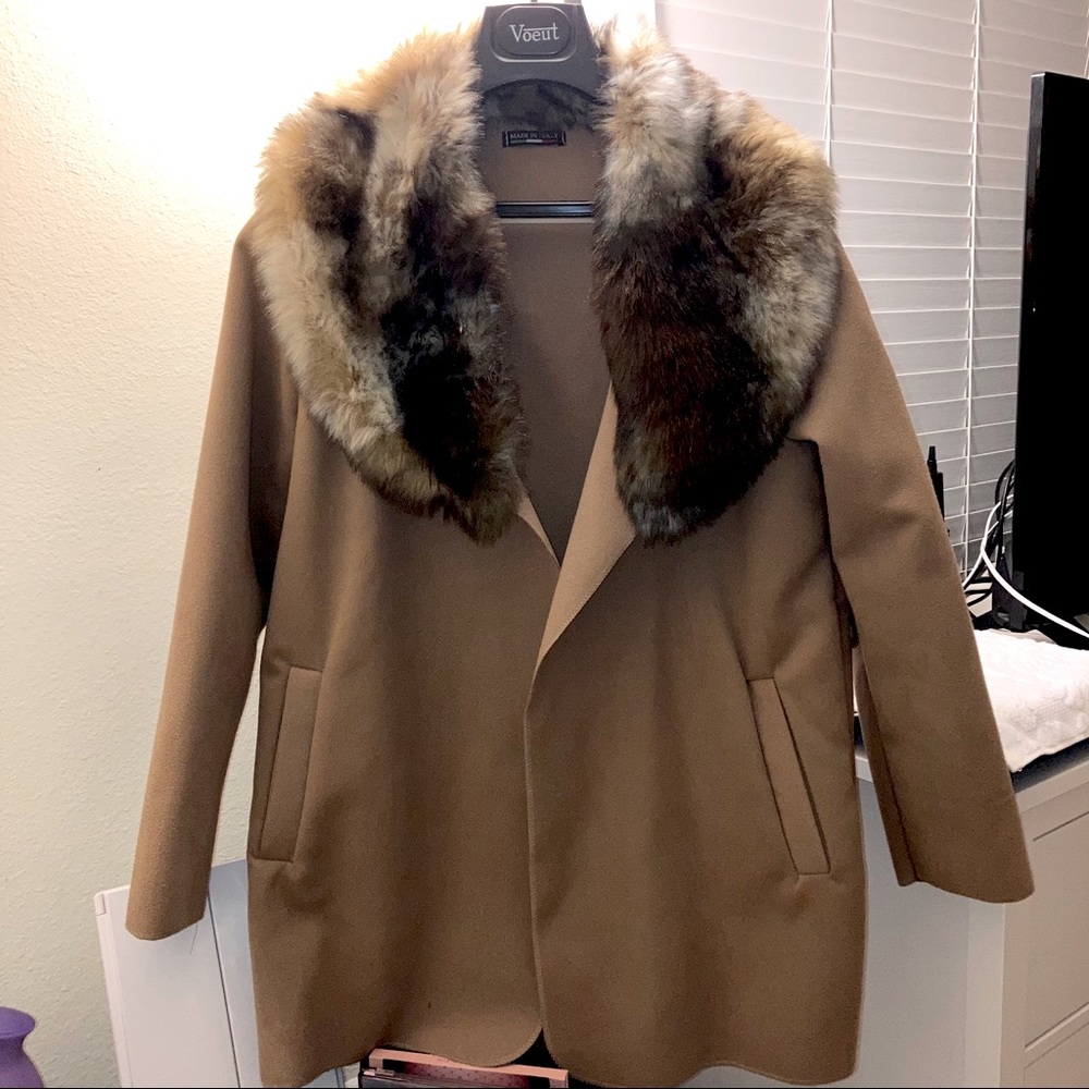 PYT Light camel pea coat with faux fur collar